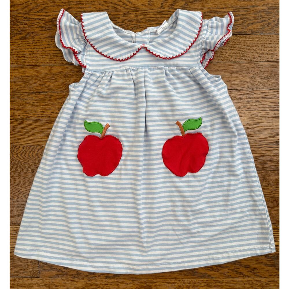 Girls' Blue Stripe Dress with Red Apple Appliqués